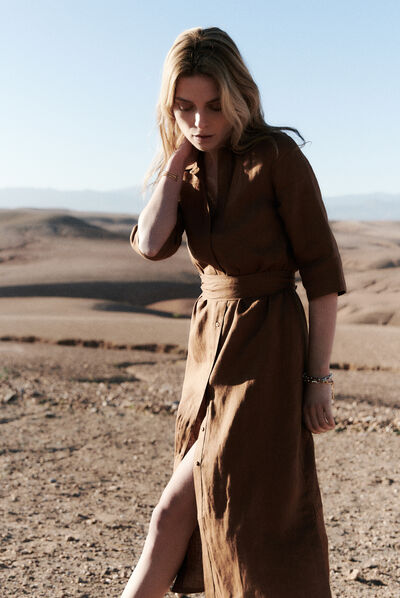 robe yana 100% lin marron cognac femme