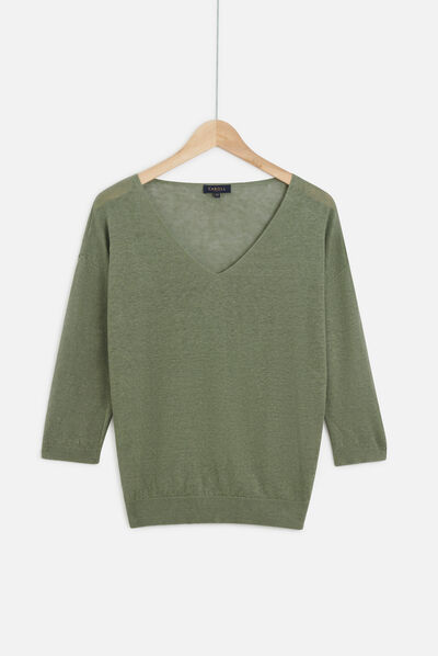 Pull alicia col V 100% lin vert kaki femme