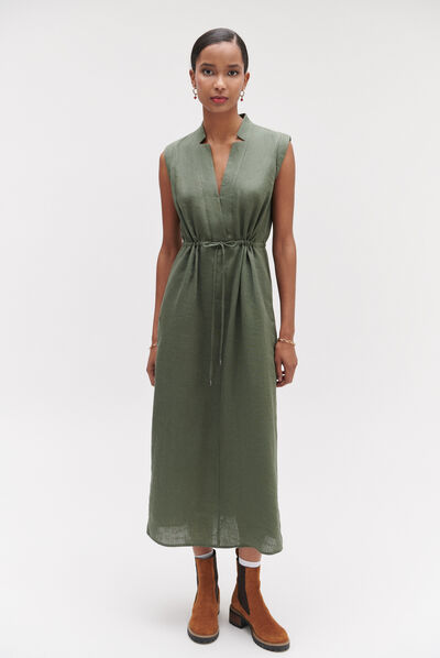 Robe longue amy 100% lin vert kaki femme