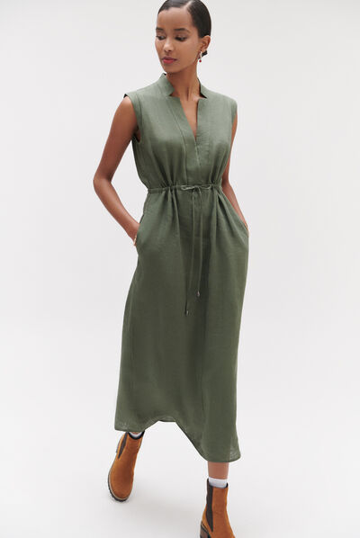 Robe longue amy 100% lin vert kaki femme