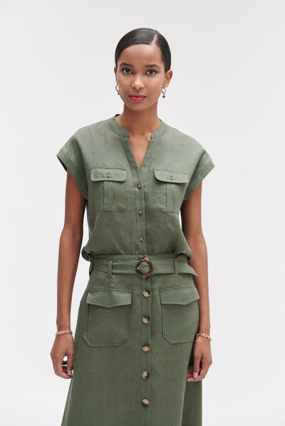 Camisa Gina 100 % lino verde caqui mujer