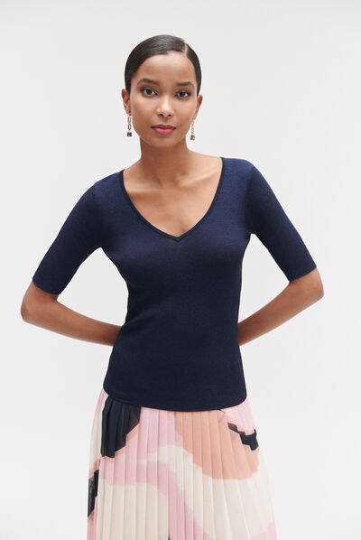 Pull kate en maille côtelée et lurex bleu marine femme