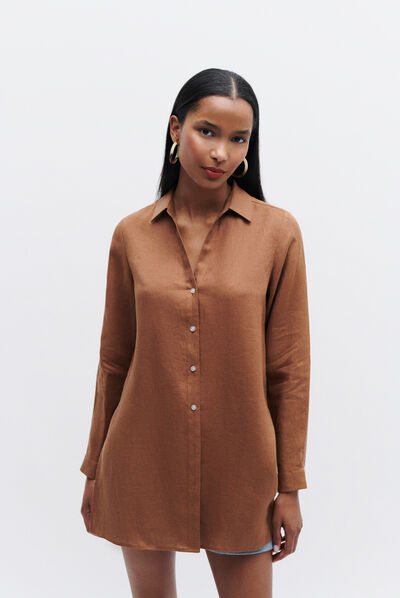 chemise clementine 100% lin marron cognac femme