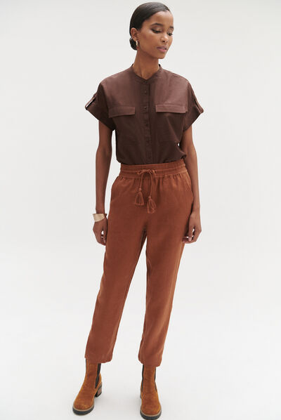 Pantalon luc casual 100% lin marron cognac femme