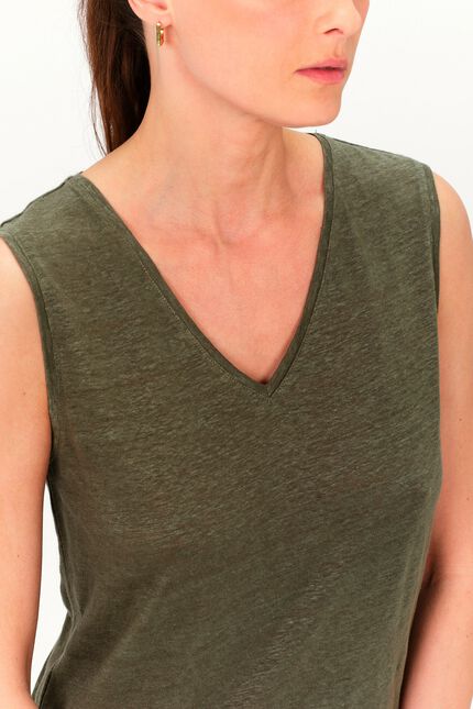 T-shirt trym 100% lin vert kaki femme