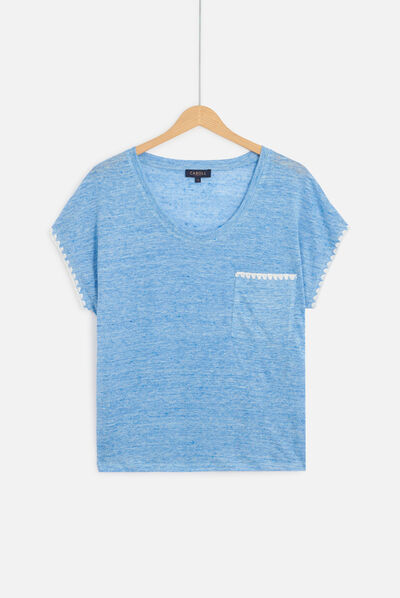 t-shirt evita 100% lin bleu femme