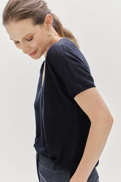 pull milane 100% lin bleu marine femme