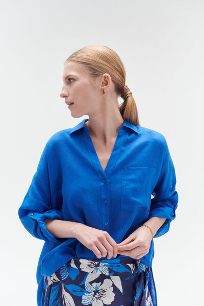 Chemise sandy oversize 100% lin bleu electrique femme