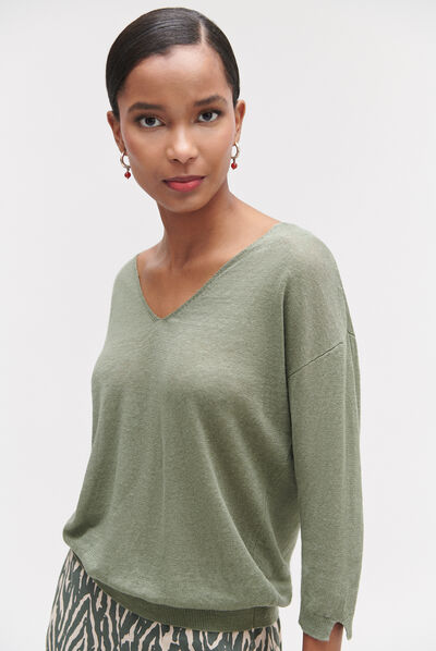 Pull alicia col V 100% lin vert kaki femme