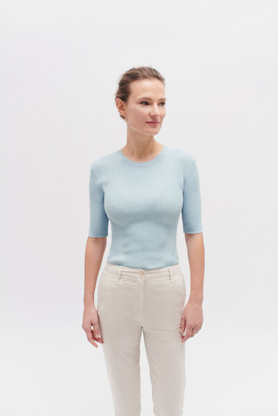 Pull jim en maille côtelée bleu ciel femme