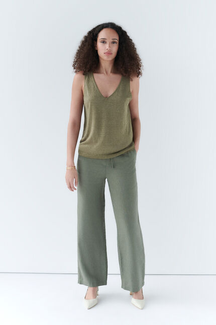 Pantalon pigment 100% lin vert kaki femme