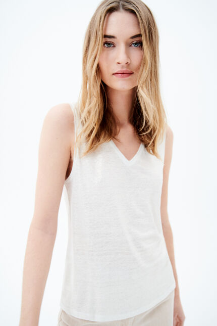 T-shirt trym 100% lin ivoire femme