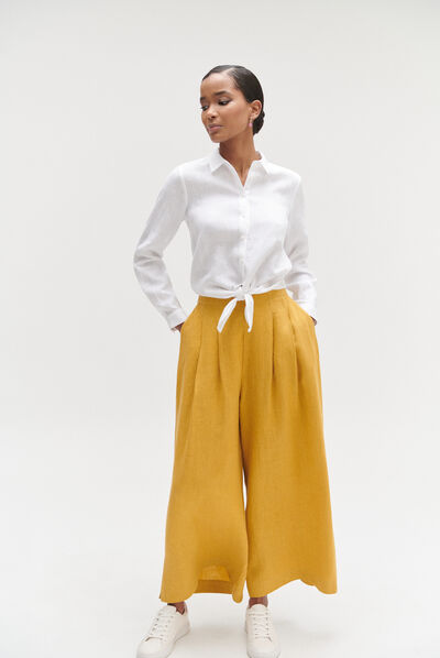 Pantalon valvano jupe-culotte 100% lin jaune or femme