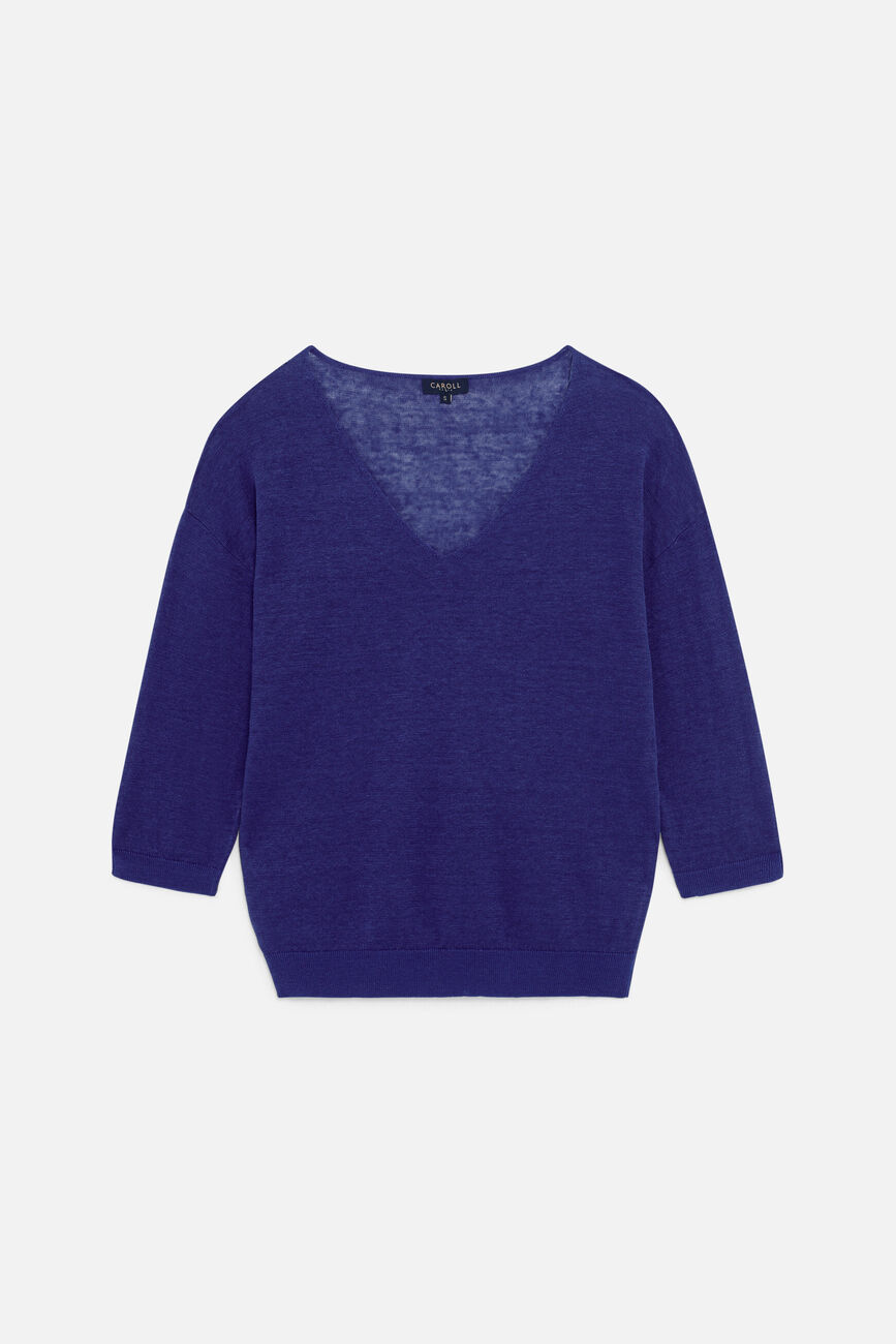 Pull alicia col V 100% lin bleu turquoise femme