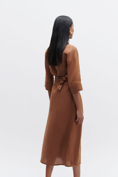 robe yana 100% lin marron cognac femme