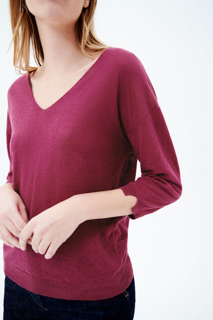 Pull alicia col V 100% lin rose framboise femme