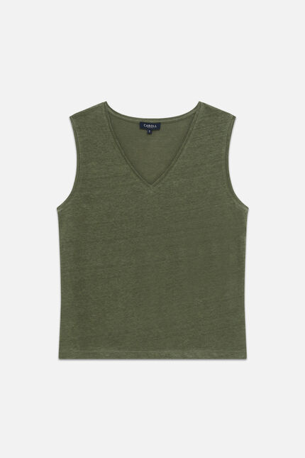 T-shirt trym 100% lin vert kaki femme