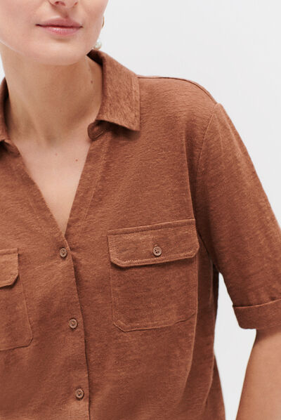 chemise estela 100% lin marron cognac femme