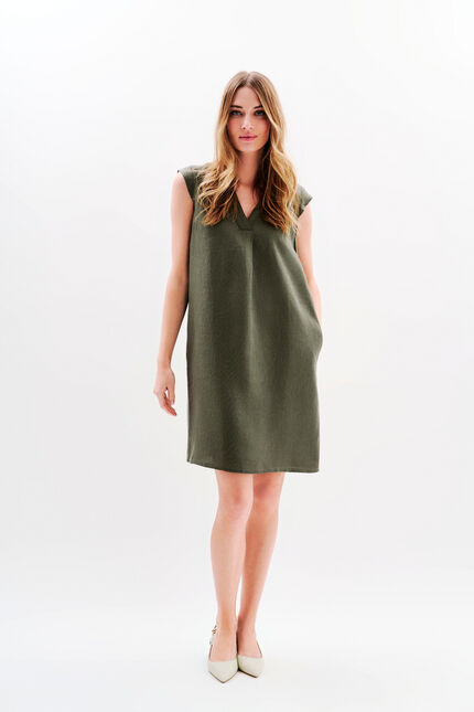 Abito Pamela 100% lino verde cachi donna