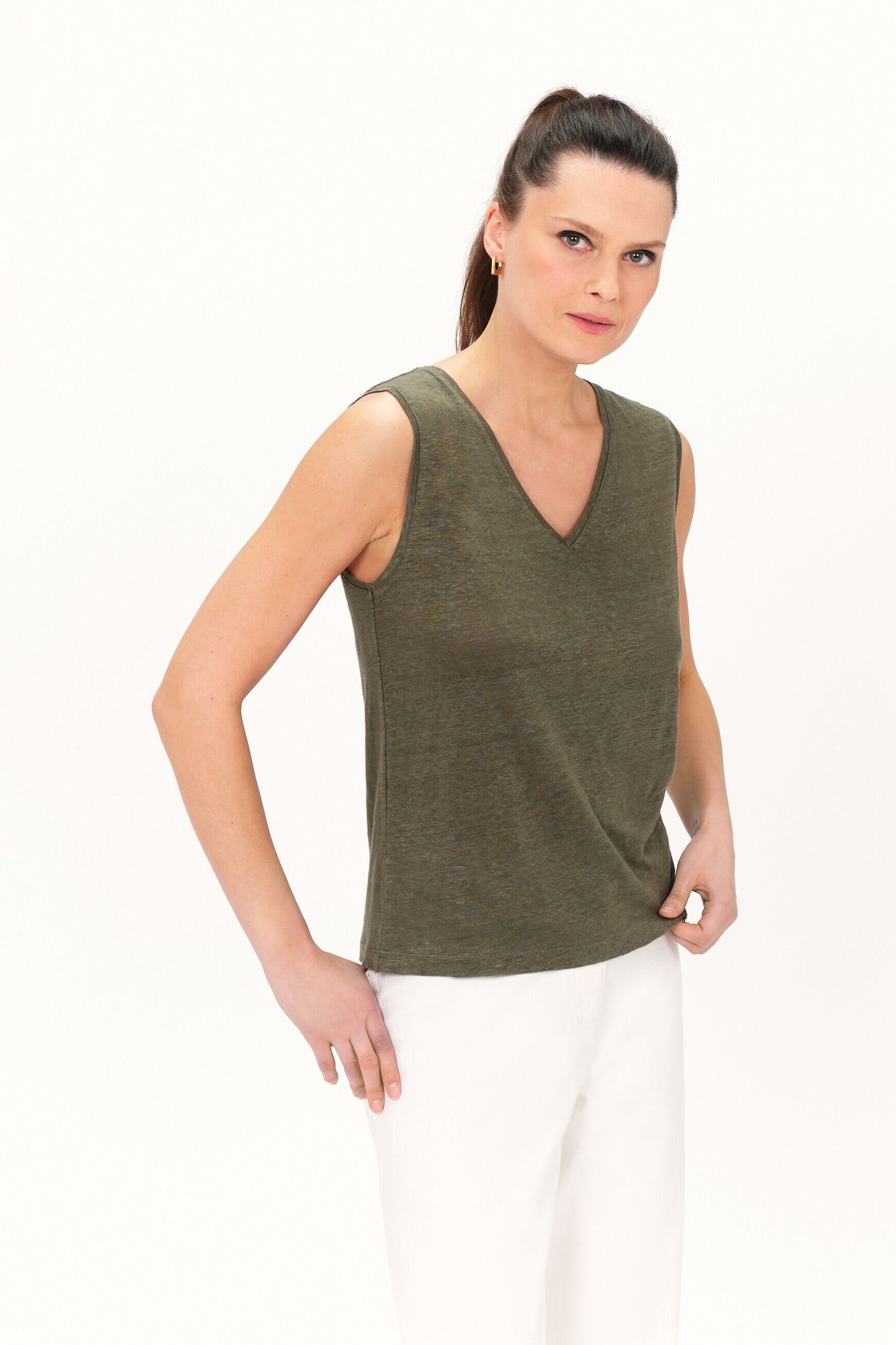 T-shirt trym 100% lin vert kaki femme