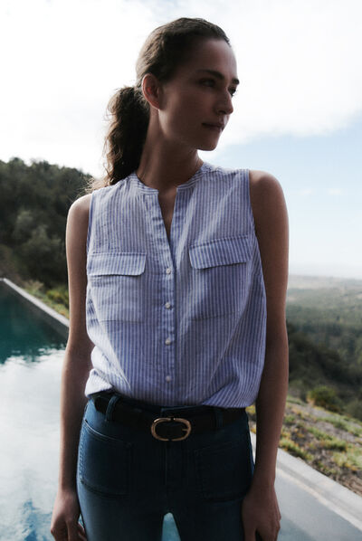 Chemise chambray rayée 100% lin bleu clair femme