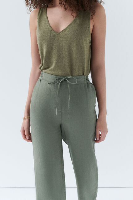 Pantalon pigment 100% lin vert kaki femme