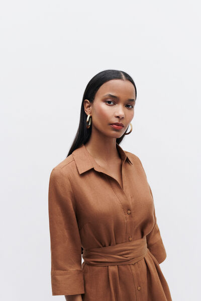 robe yana 100% lin marron cognac femme