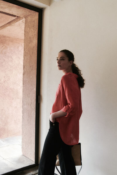 Chemise sandy oversize 100% lin rouge femme