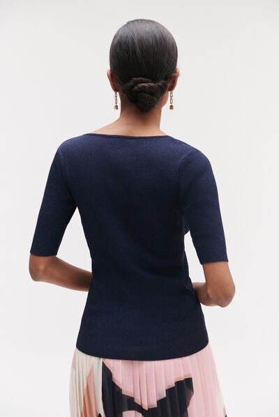 Pull kate en maille côtelée et lurex bleu marine femme