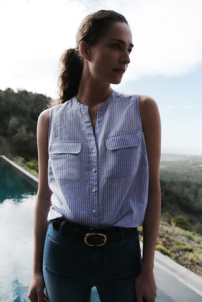 Chemise chambray rayée en lin bleu clair femme