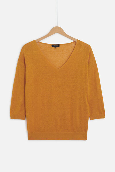 Pull alicia col V 100% lin jaune moutarde femme