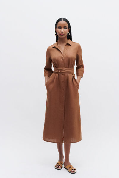 robe yana 100% lin marron cognac femme