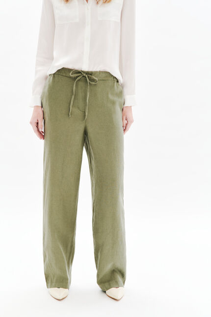 Pantalon pigment 100% lin vert kaki femme