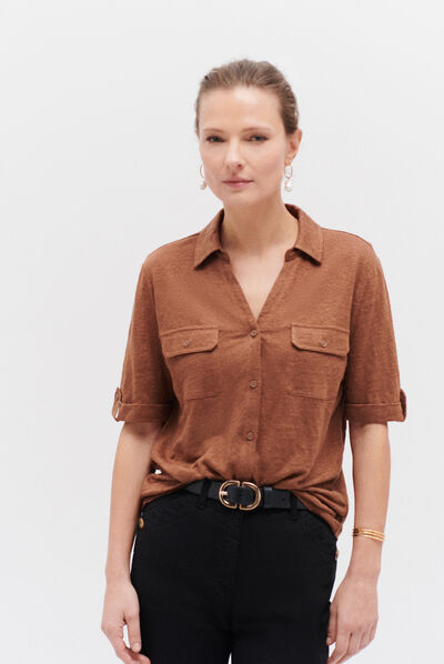 chemise estela 100% lin marron cognac femme
