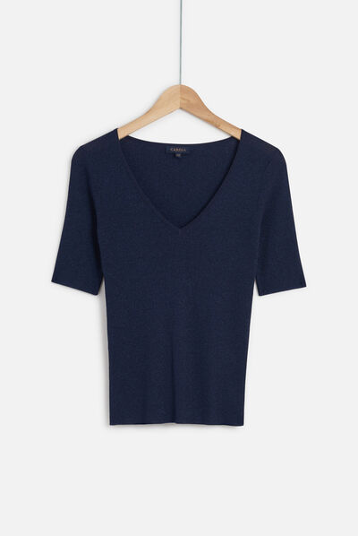 Pull kate en maille côtelée et lurex bleu marine femme