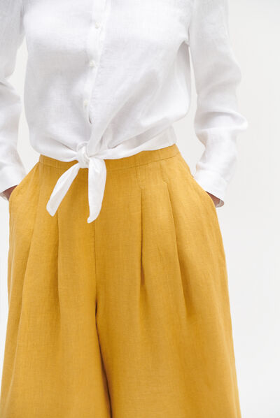 Pantalon valvano jupe-culotte 100% lin jaune or femme