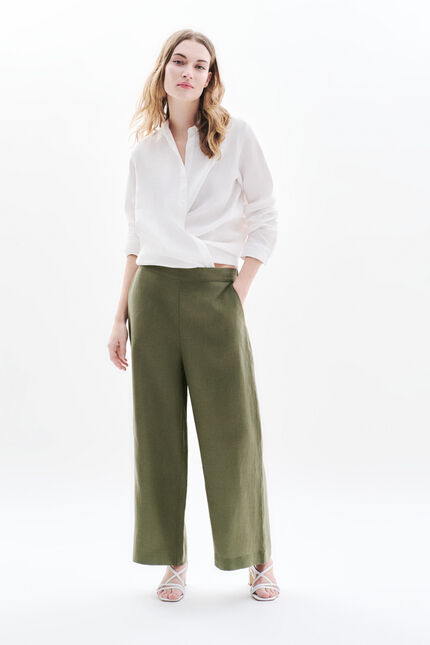 Pantalon pandi 100% lin vert kaki femme