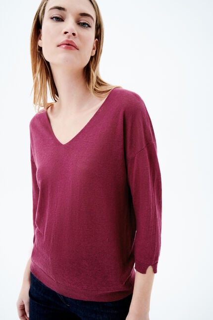 Pull alicia col V 100% lin rose framboise femme