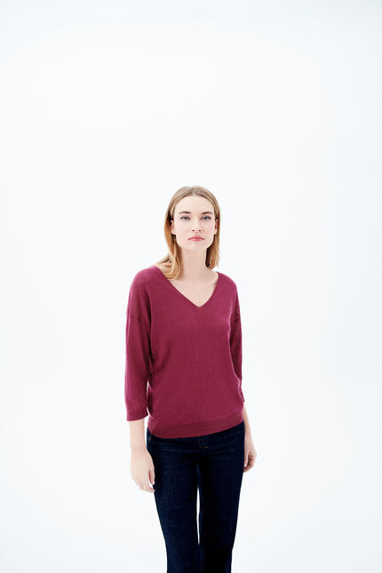 Pull alicia col V 100% lin rose framboise femme