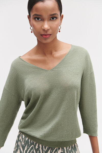 Pull alicia col V 100% lin vert kaki femme