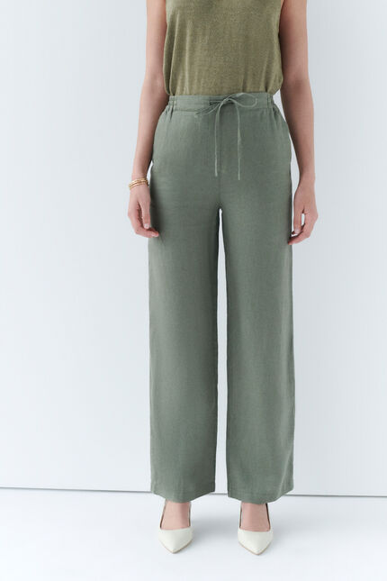 Pantalon pigment 100% lin vert kaki femme