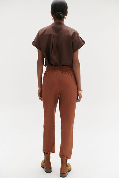 Pantalon luc casual 100% lin marron cognac femme