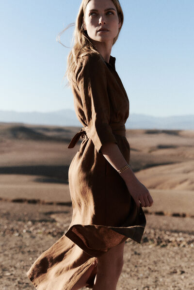 robe yana 100% lin marron cognac femme