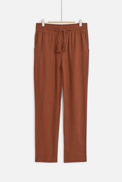 Pantalon luc casual 100% lin marron cognac femme