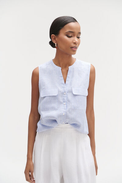 Chemise chambray rayée 100% lin bleu clair femme