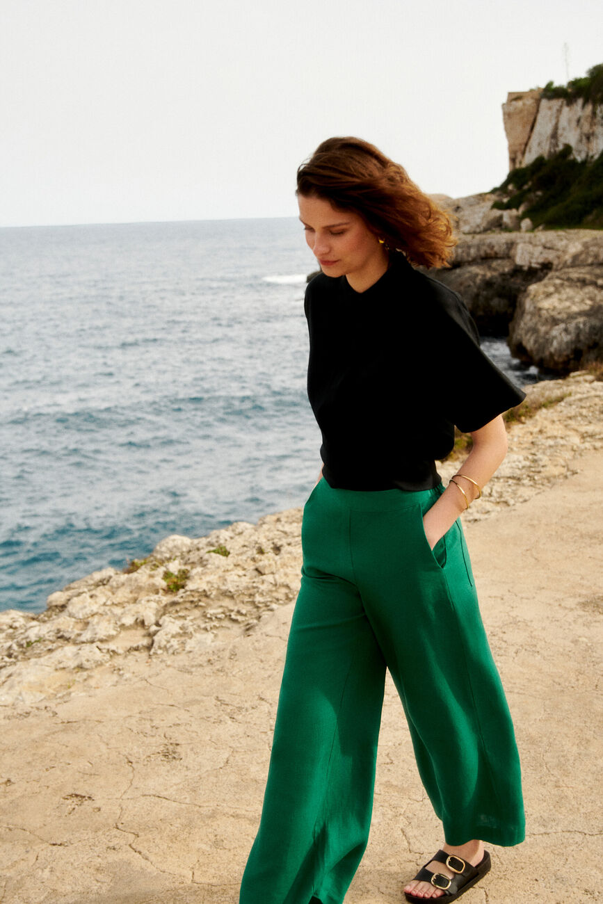 Pantalon pandi 100% lin vert emeraude femme