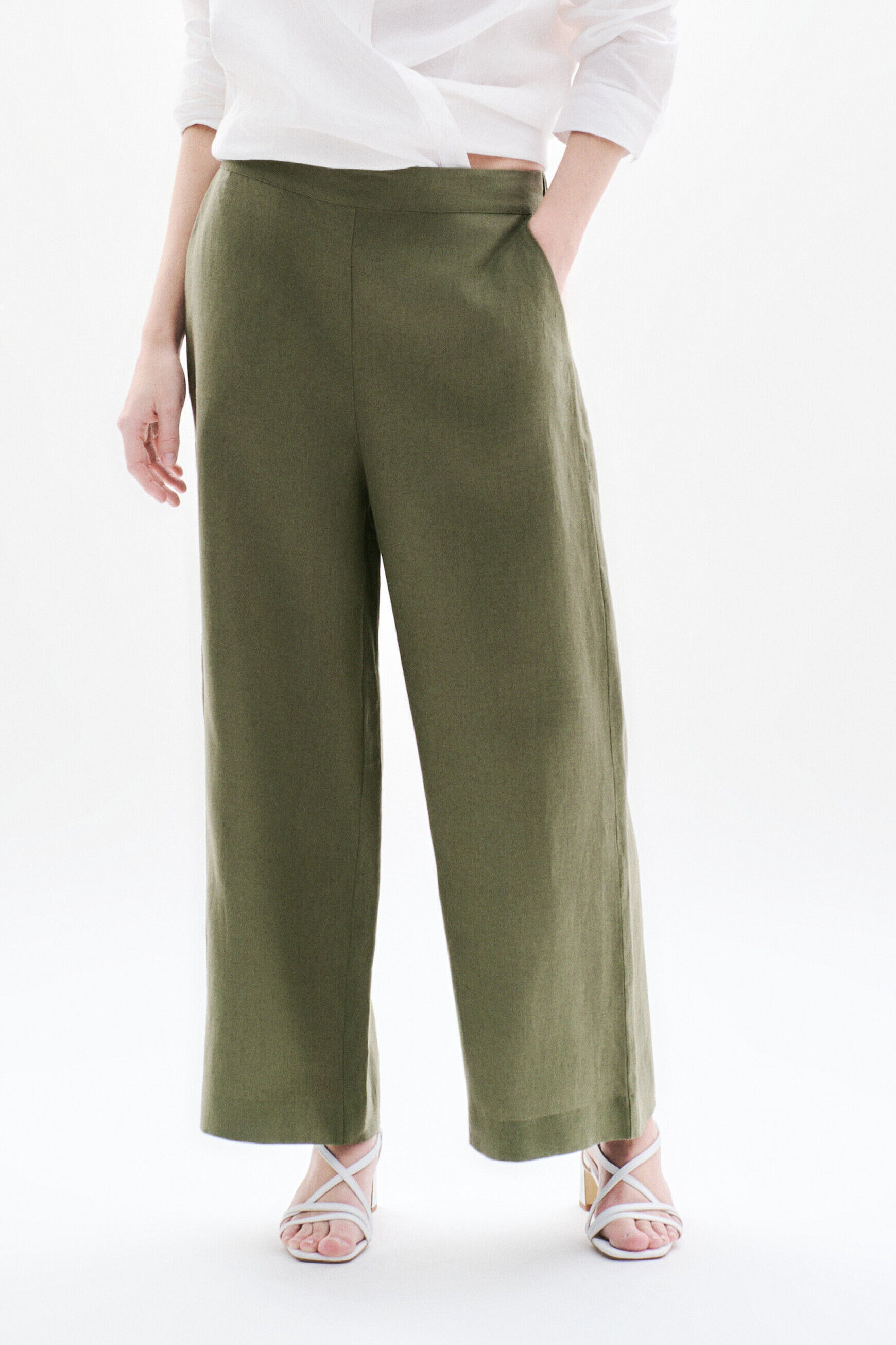 Pantalon pandi 100% lin vert kaki femme