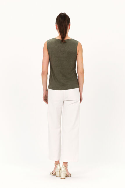 T-shirt trym 100% lin vert kaki femme