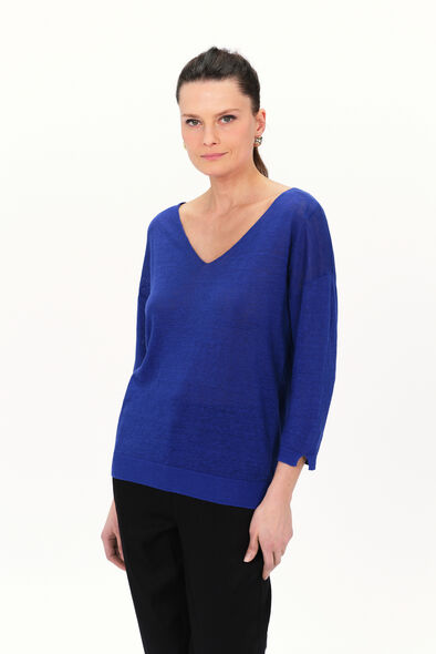 Pull alicia col V 100% lin bleu turquoise femme
