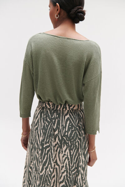 Pull alicia col V 100% lin vert kaki femme